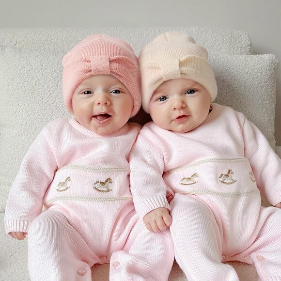 Soft Acrylic Baby Winter Beanie with Bow - 0-6 Months, Beige & Pink - Picture 4 of 6